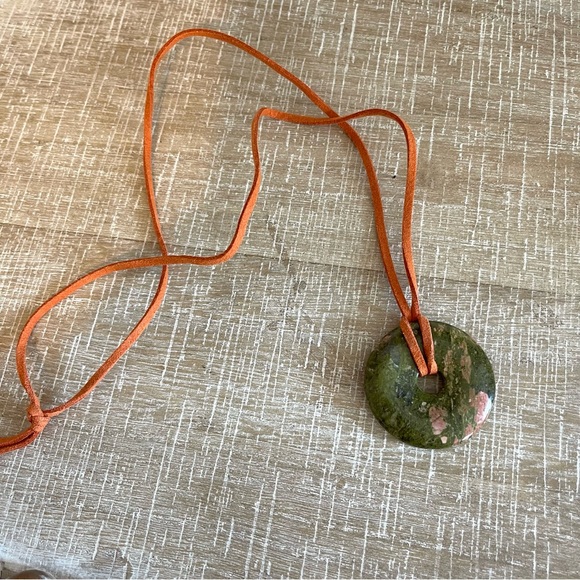 Artisan Jewelry - Green Jasper Unakite Donut Gemstone Corded Necklace